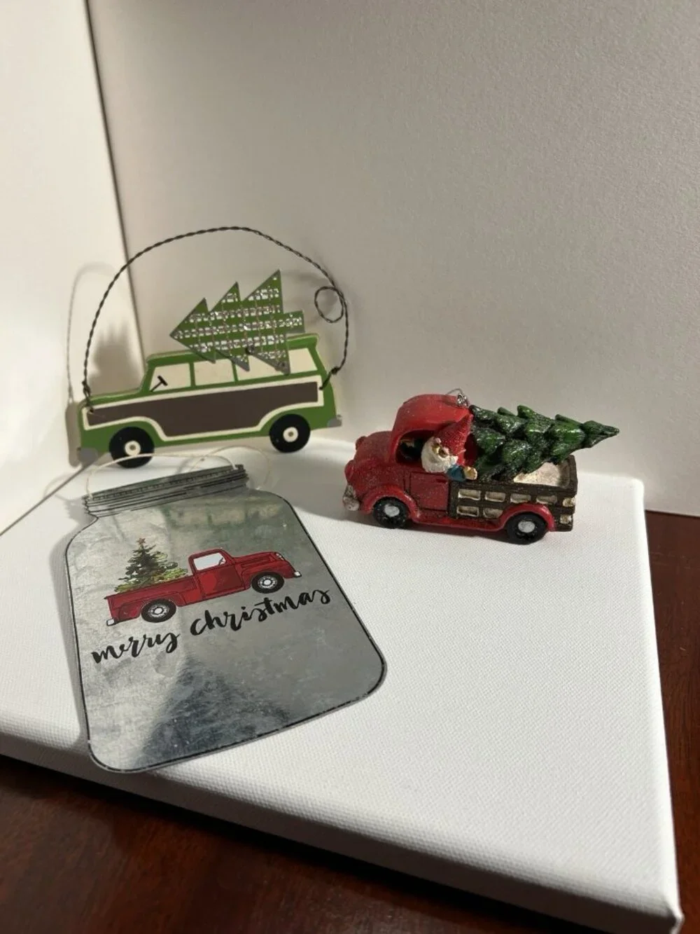 2 Red Truck Ornaments And One Green Vintage Look Car Ornament